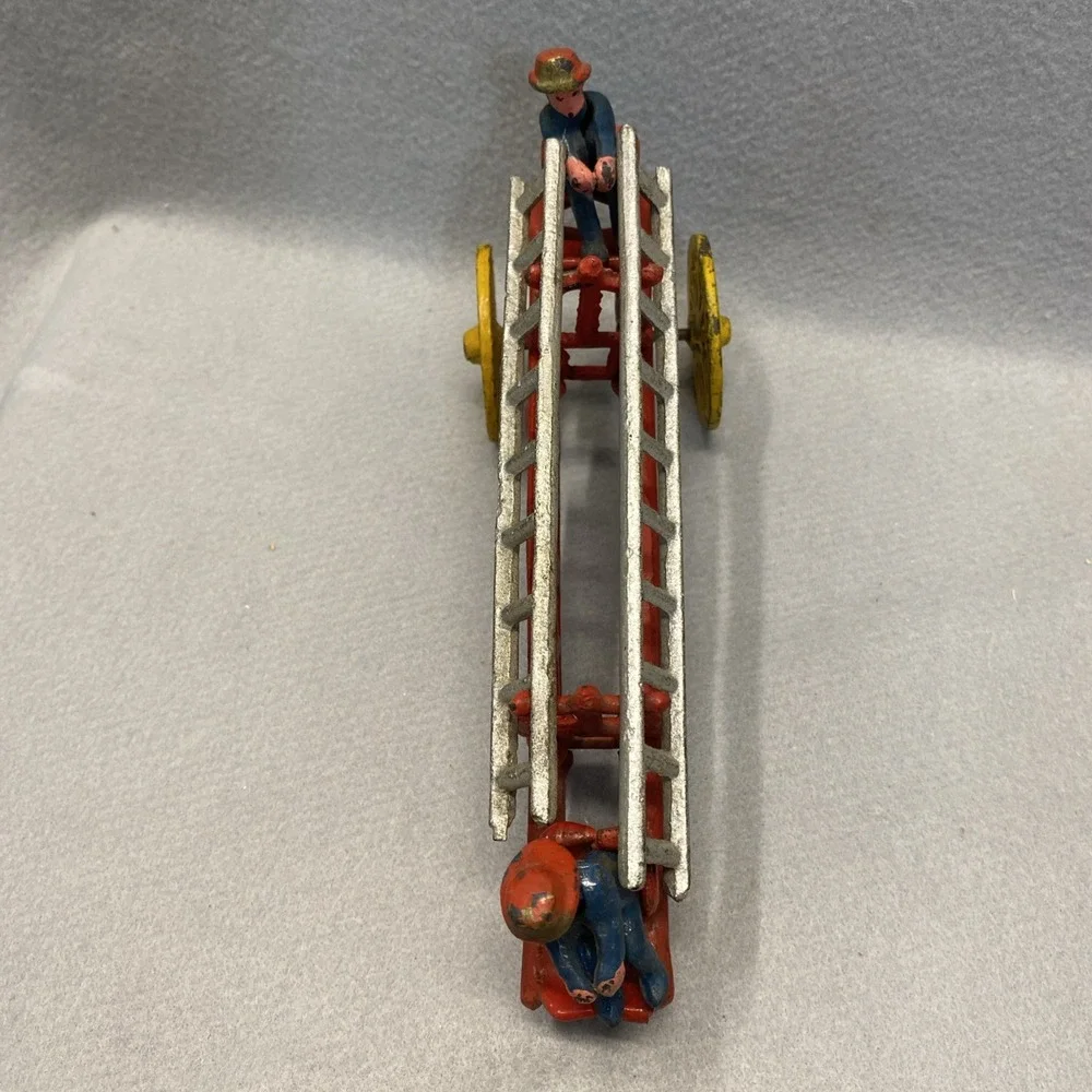 Vtg Cast Iron Two Horse Drawn Hook & Ladder with 2 Firemen Wagon